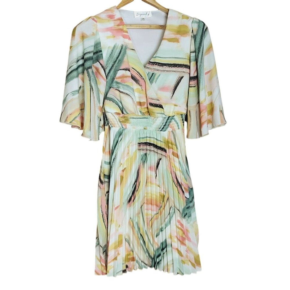 Signify Womens Multicolor Pleated Midi Dress With Flutter Sleeves & Smocked Wais